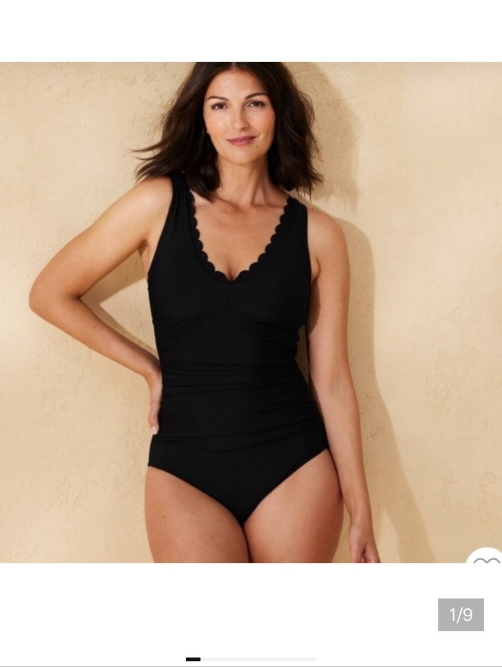 Shade & Shore Black One Piece Swimsuit w Scallop V Neckline Size Large 12-14